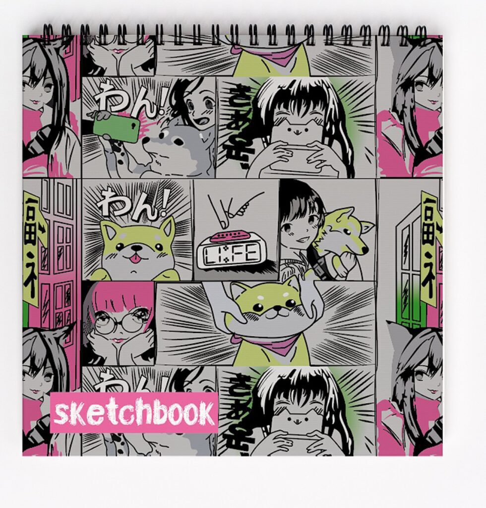 Скетчбук 190*190мм  48л., гребень,  90гр/м2, "Аниме неон" жёсткая подложка