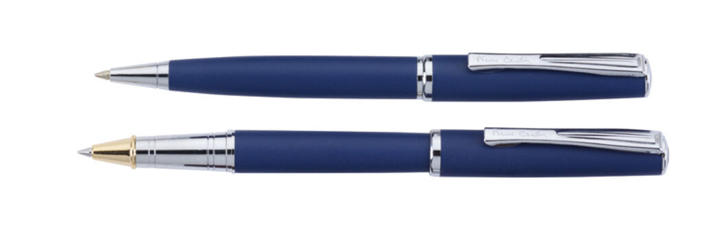 Набор: ручка шариковая+роллер Pier Cardin, корпус-латунь, синие матов. покрытие.Отделка-сталь, хром