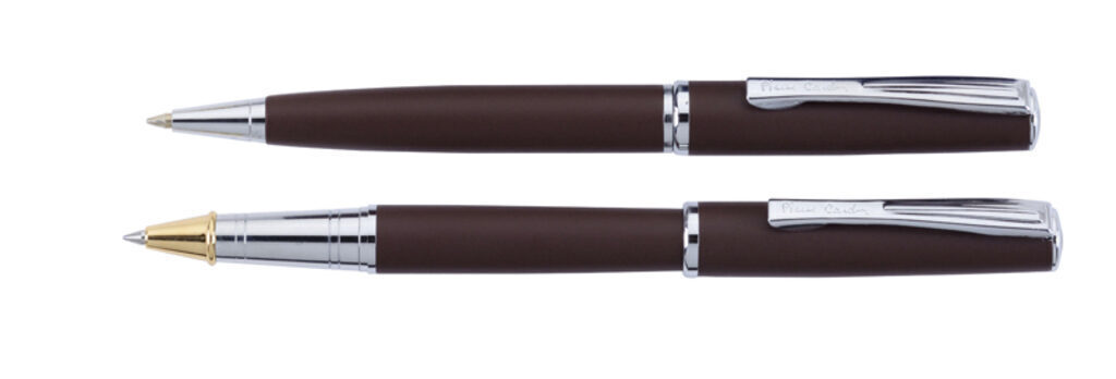 Набор: ручка шариковая+роллер Pier Cardin, корпус-латунь, коричн. матов.покрытие.Отделка-сталь, хром