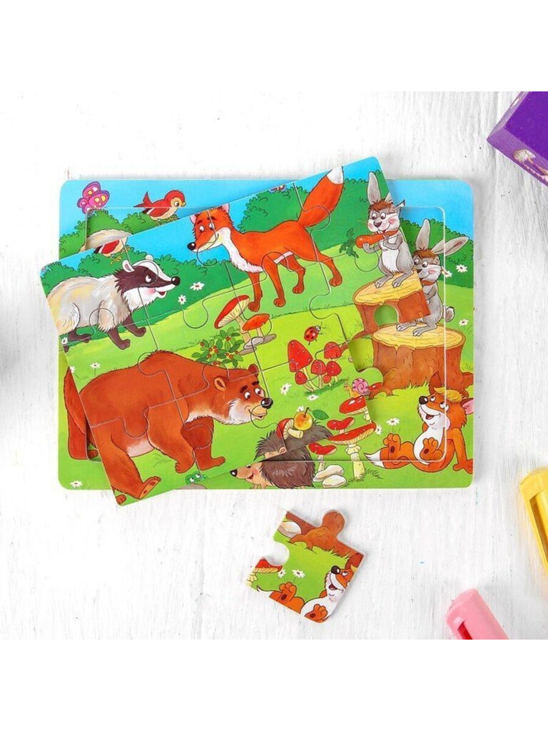 Пазл-рамка деревянная 12 элементов 14*11см "Лесные жители"