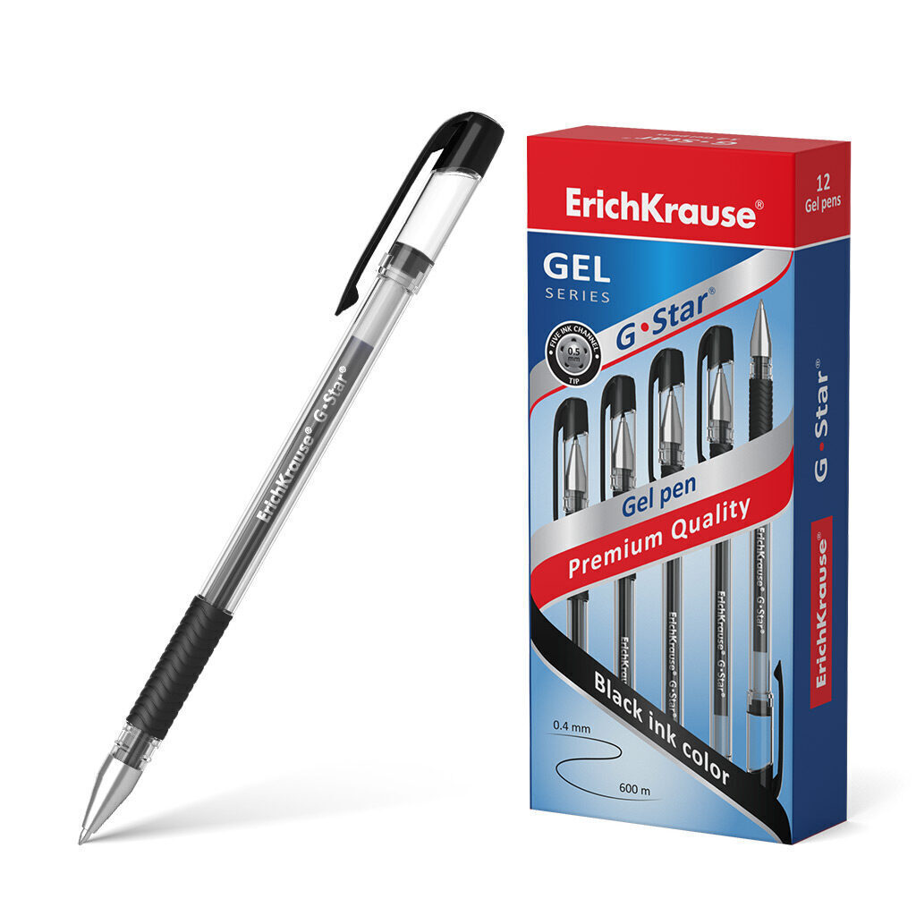 Ручка гелевая EK G-Star Classic черная, 0,5мм, прозр. корпус, резин.грип