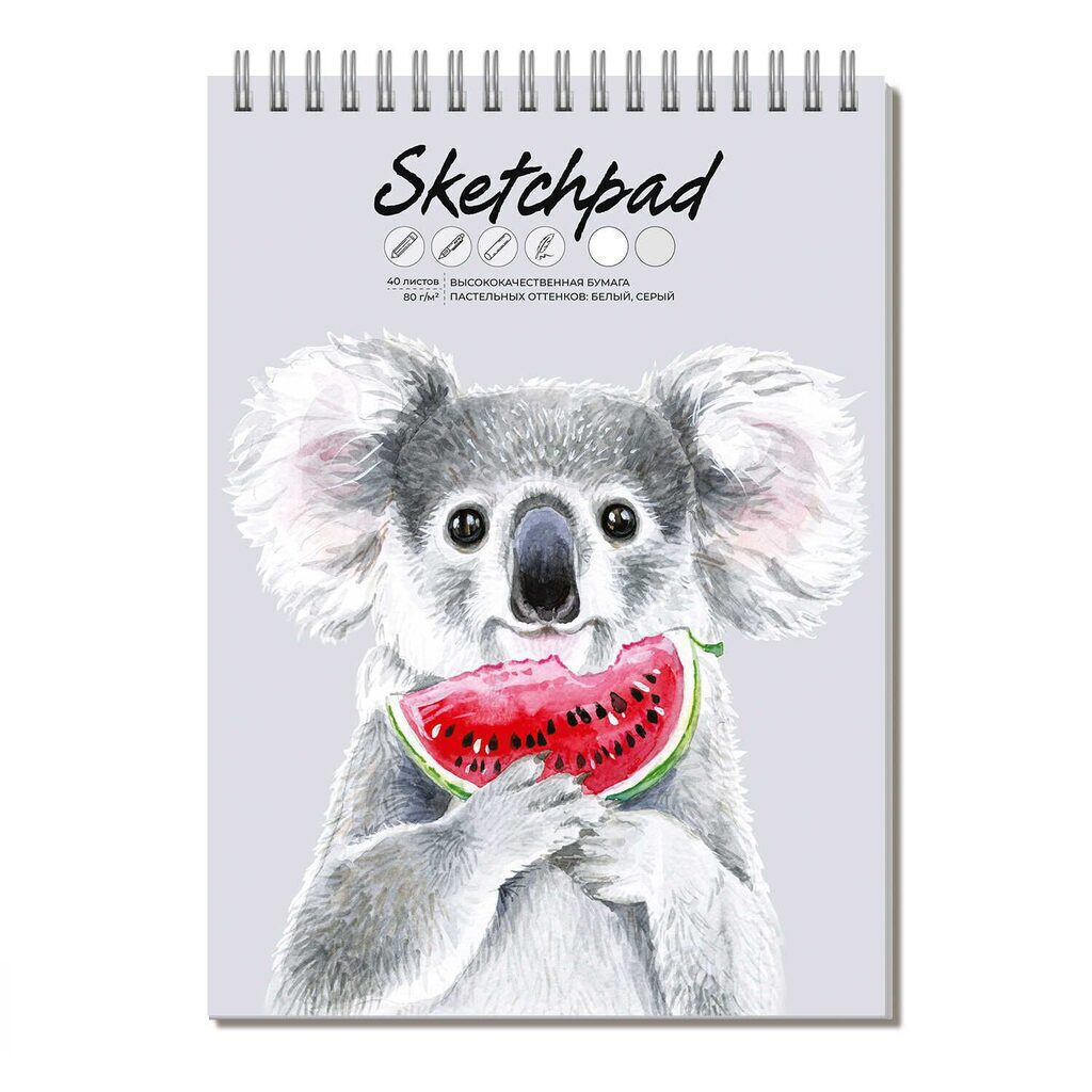 Скетчпад А4  40л., гребень,  80гр/м2 "Коала с арбузом" тв.обл., серая бумага