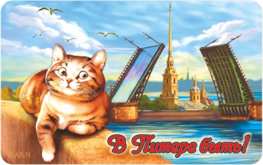 Магнит сувенирный СПБ В Питере быть! Котик на набережной-Мосты