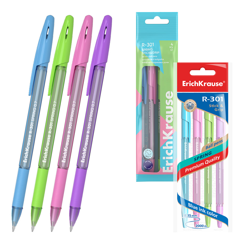 Набор из 4 ручек шариковых ErichKrause R-301 с резиновым хватом Весна 0.7, цвет чернил синий (в пакете)