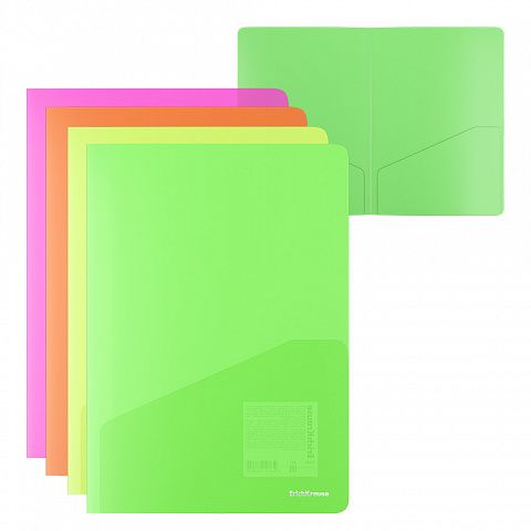 Папка-уголок пластиковая ErichKrause Glossy Neon, с 2 карманами, A4, полупрозрачный, ассорти (в пакете по 12 шт.)