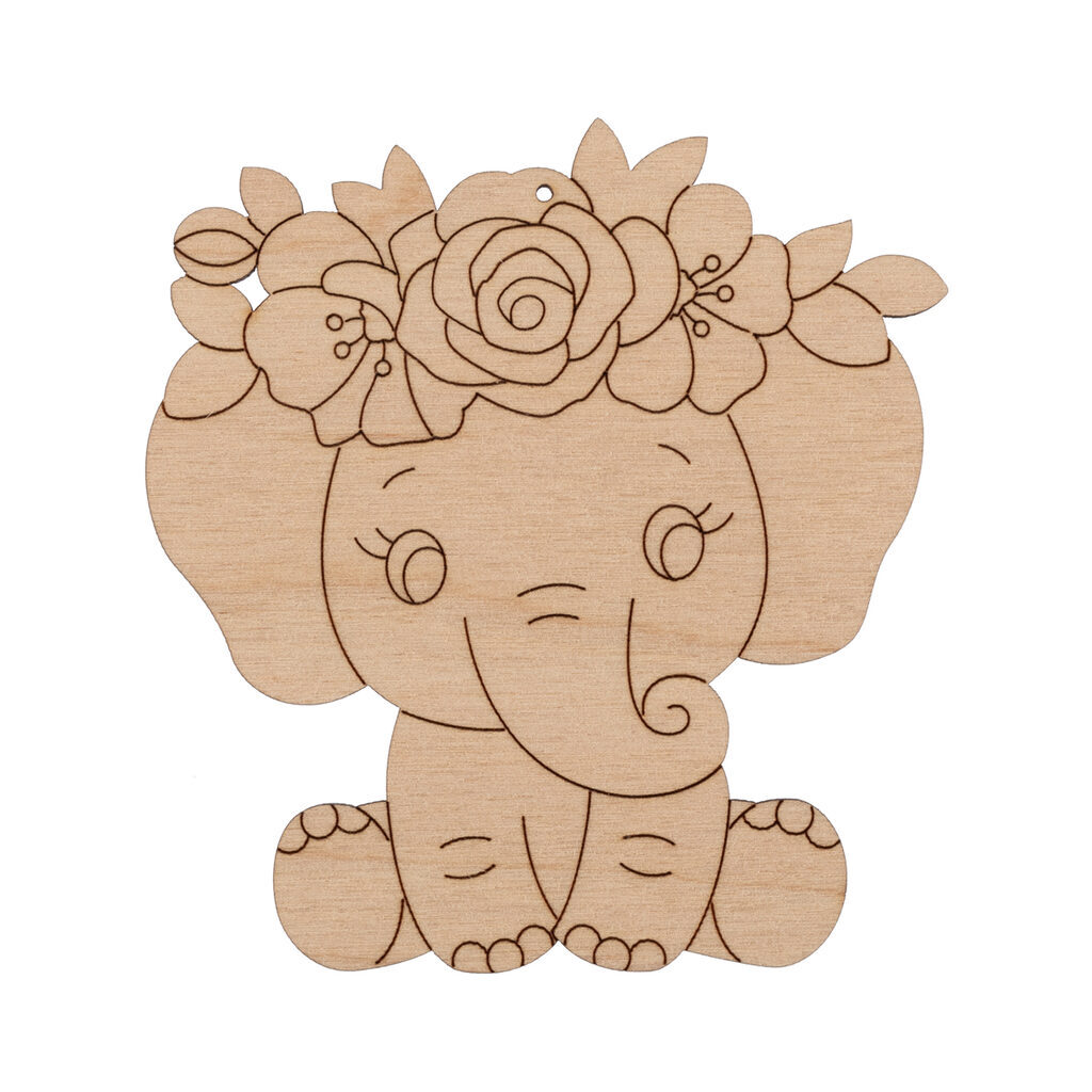 Заготовка деревянная Подвеска "Слонёнок с цветами" 8*9см