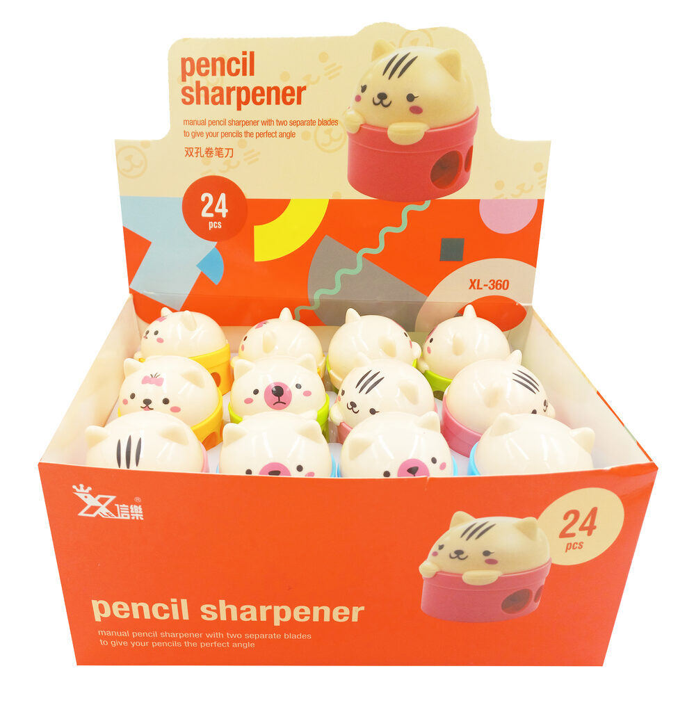 Точилка пласт. 2 отв. "Котики" с контейнером, 4 цв.