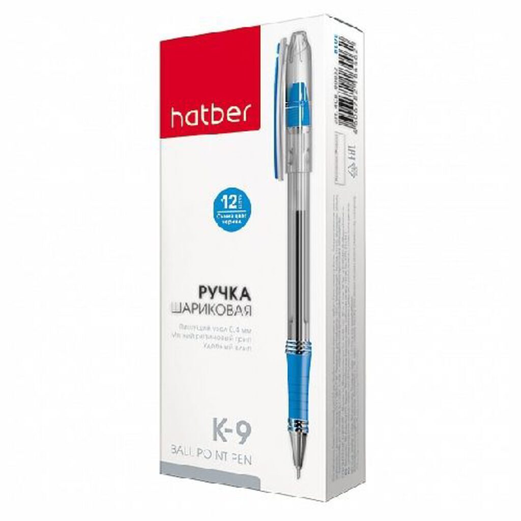 Ручка шар. Hatber "K-9" 0.4мм, синяя, масл.осн., резин.грип
