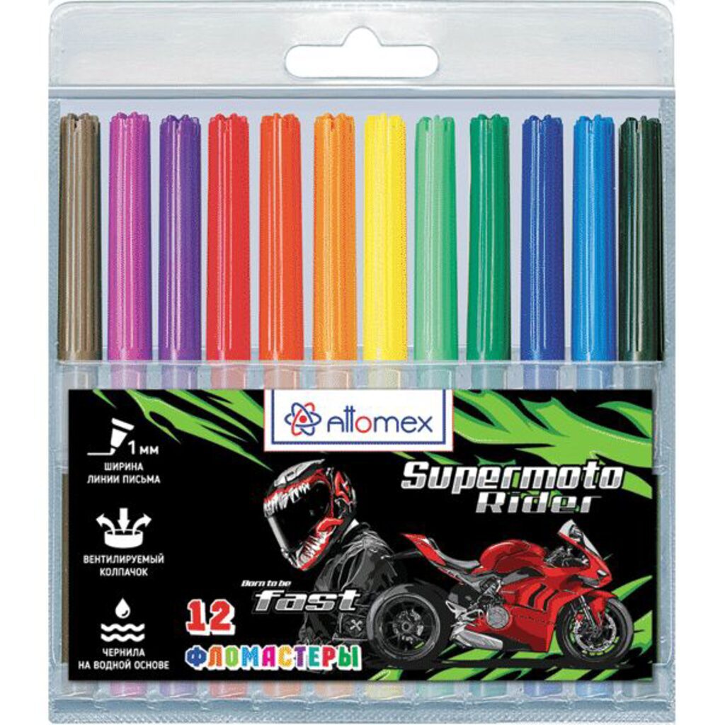 Фломастеры  12цв "Attomex. Super Moto", вентил. колпачок, подвес