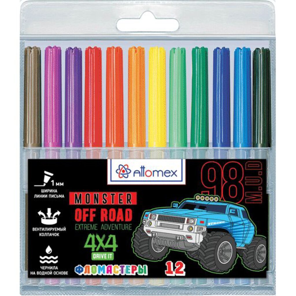 Фломастеры  12цв "Attomex. Offroad Monster", вентил. колпачок, подвес