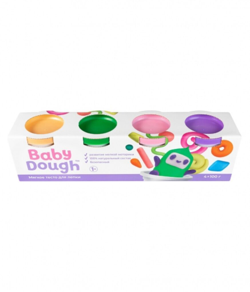 Тесто для лепки  4 цв. 400 гр., "BabyDough" персиковый, нежно-розовый, зеленый, фиолетовый