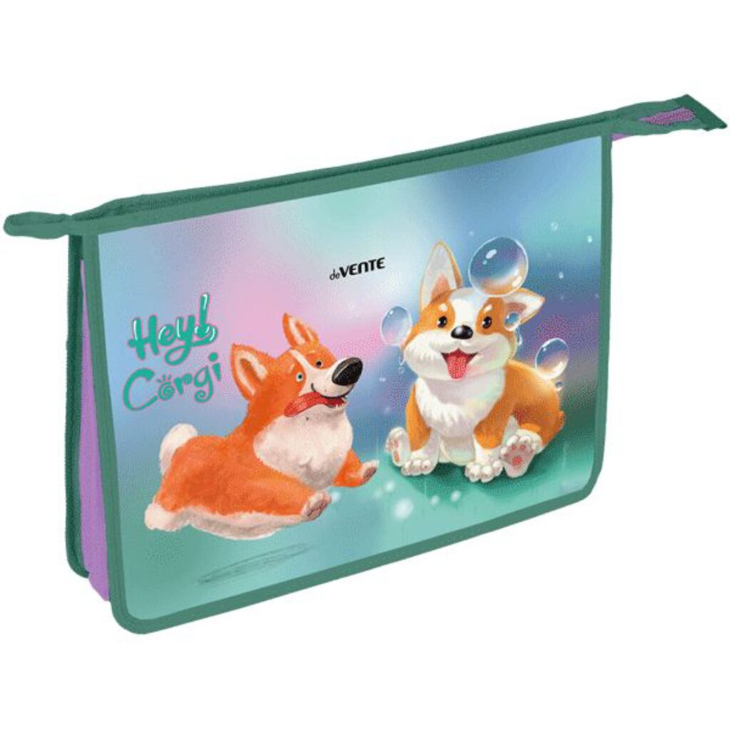 Папка д/труда А4 (337*243*80) 2отд. молния сверху, пластик" Hey Corgi" конгр.тиснение