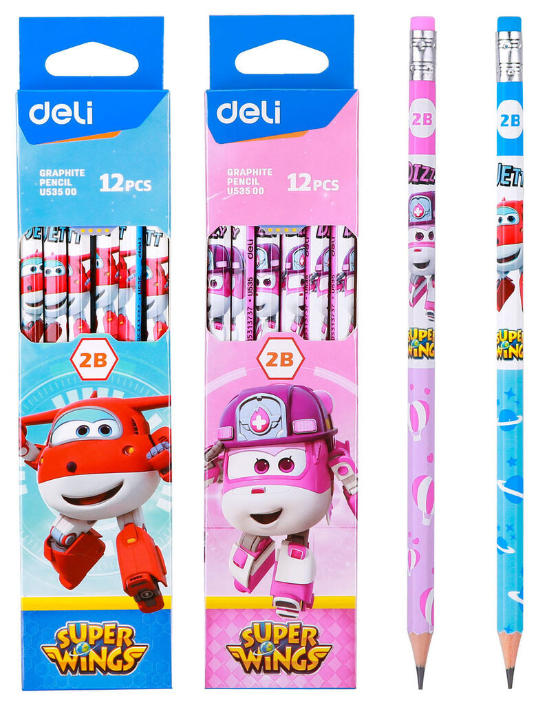 Карандаш Deli 2B Super Wings , шестигранный,ластик /цена за  уп.12шт./