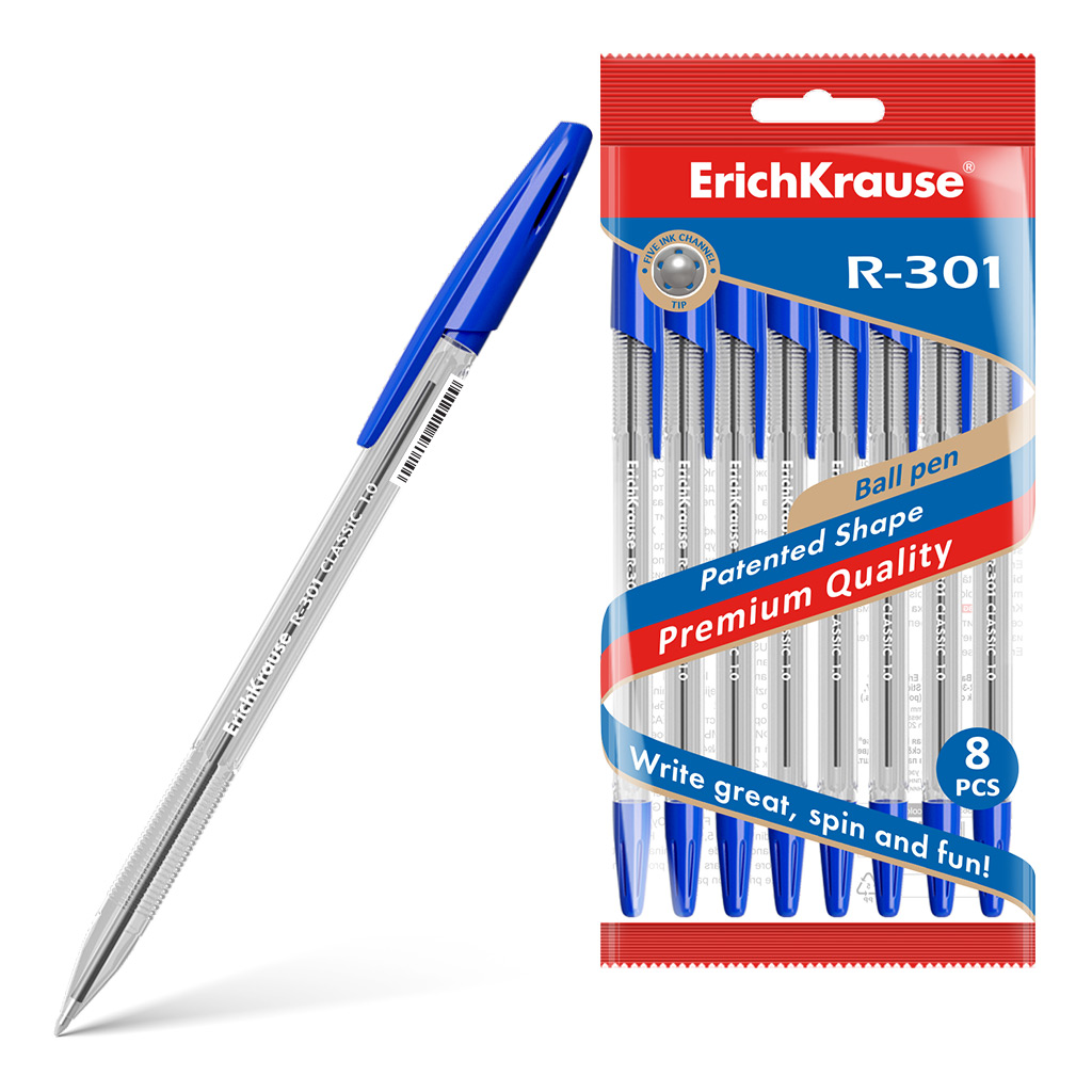 Набор из 8 ручек шариковых ErichKrause R-301 Stick Classic 1.0, цвет чернил синий (в пакете)