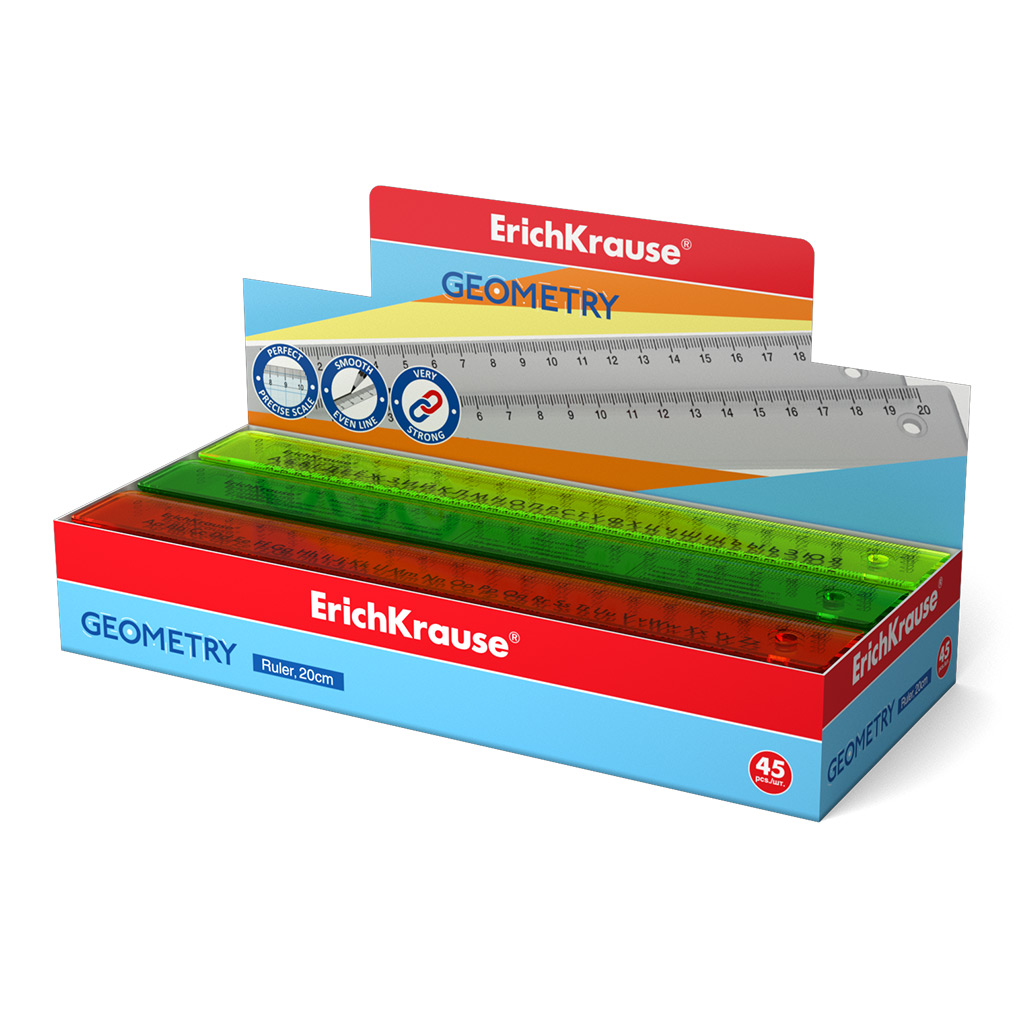 Линейка справочная пластиковая ErichKrause Neon, 20см, ассорти (в коробке-дисплее по 45 шт)