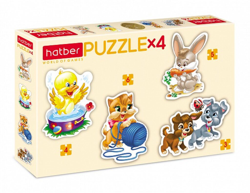 Пазл 4в1 200*140мм.  3+4+5+6 элементов "Пушистые малыши"