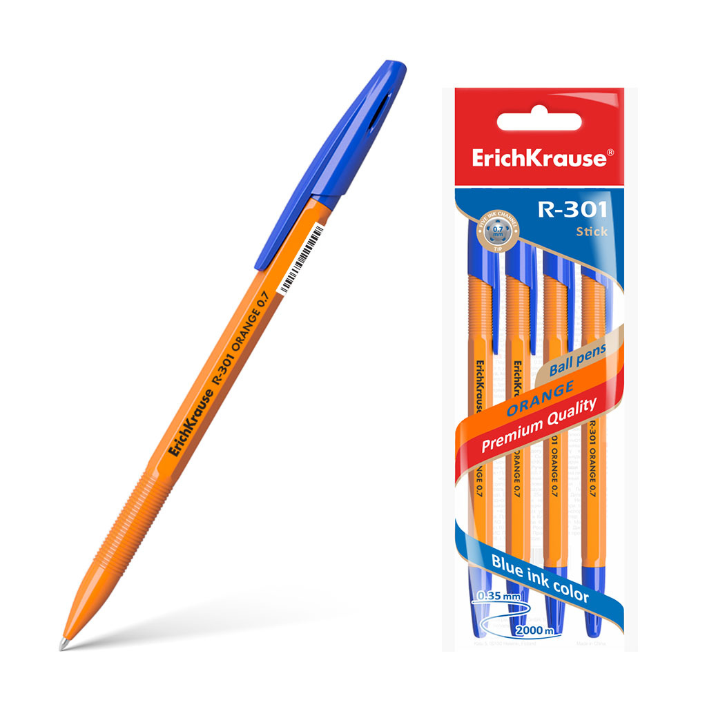 Набор из 4 ручек шариковых ErichKrause R-301 Stick Orange 0.7, цвет чернил синий (в пакете)