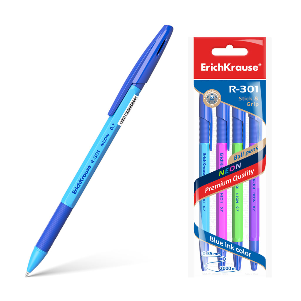 Набор из 4 ручек шариковых ErichKrause R-301 Stick&Grip Neon  0.7, цвет чернил синий (в пакете)