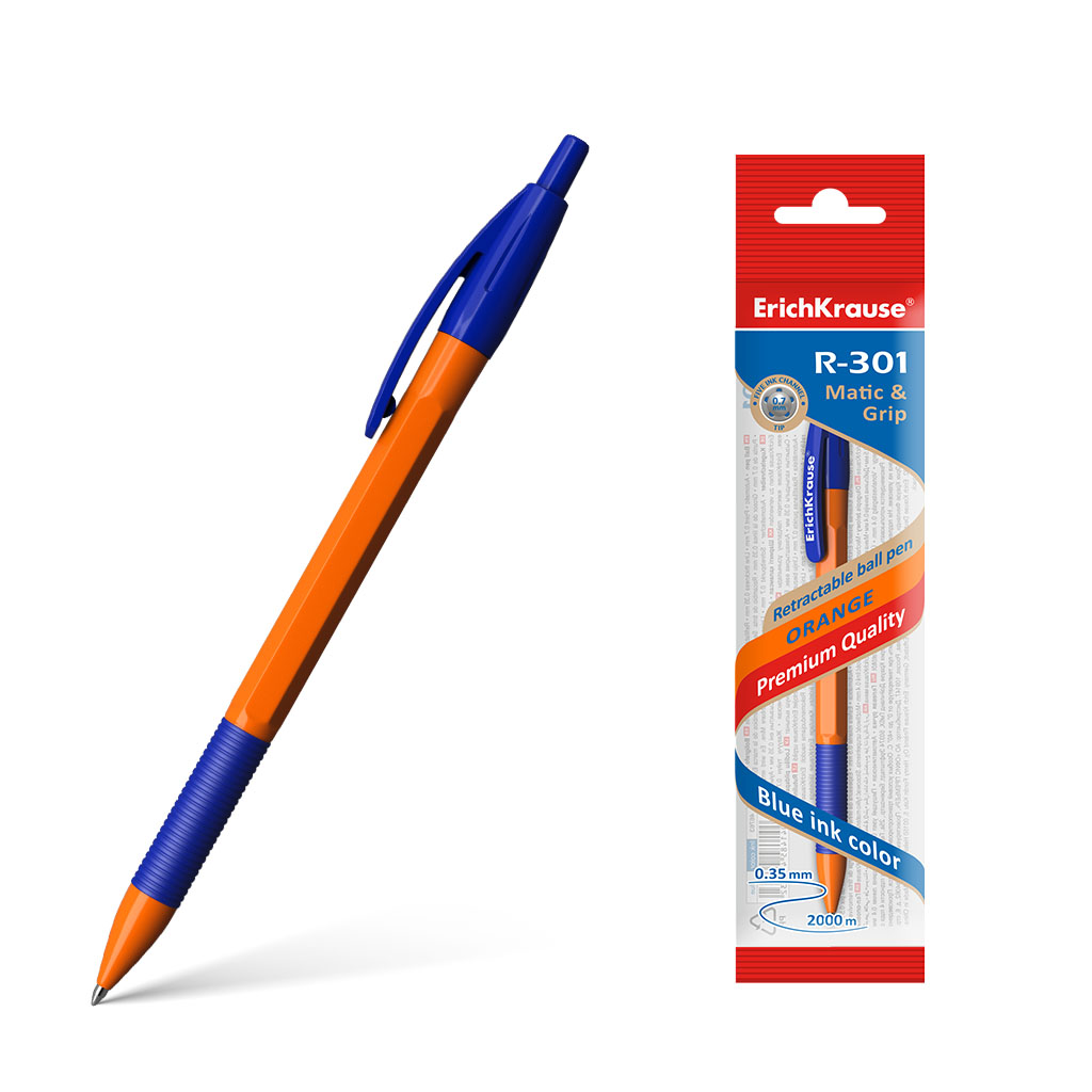 Ручка шариковая автоматическая ErichKrause® R-301 Orange Matic&Grip 0.7, цвет чернил синий (в пакете по 1 шт.)