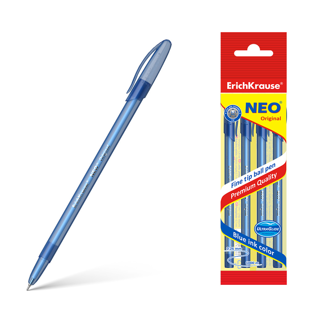 Набор из 4 ручек шариковых ErichKrause Neo® Stick Original 0.7, Super Glide Technology, цвет чернил синий (в пакете)