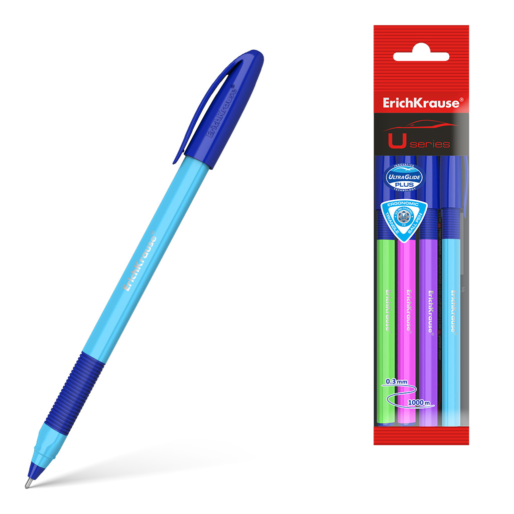 Набор из 4 ручек шариковых ErichKrause U-109 Stick&Grip Neon 1.0, Ultra Glide Technology, цвет чернил синий (в пакете)