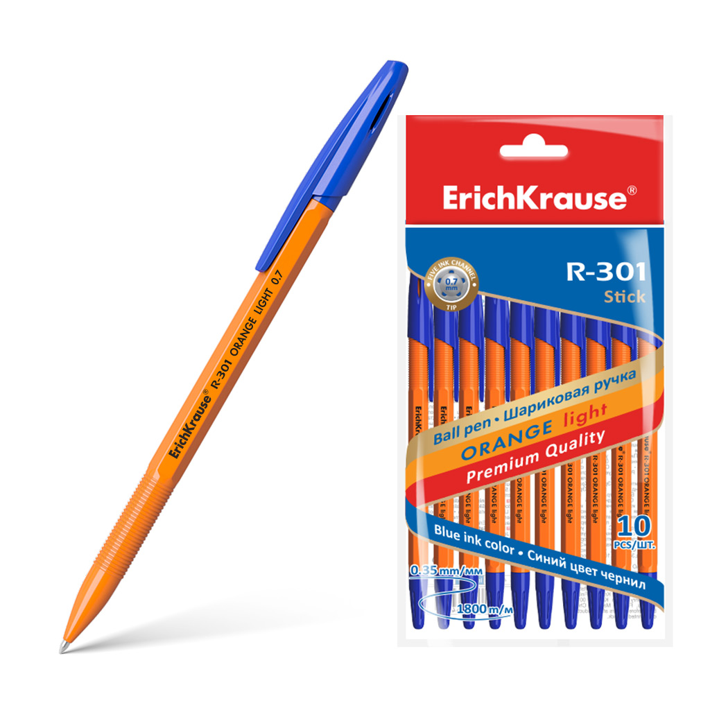 Ручка шариковая ErichKrause® R-301 Orange Light 0.7, цвет чернил синий (в пакете по 10 шт.)