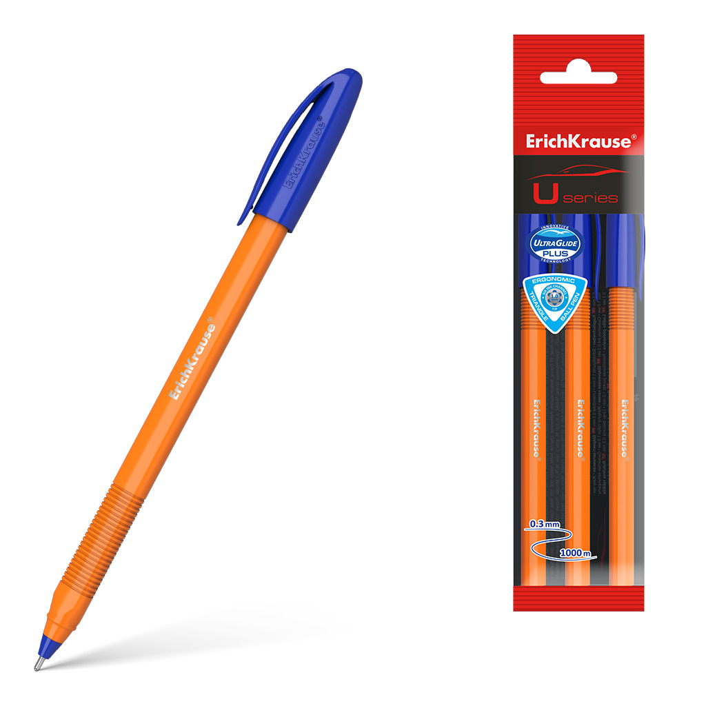 Набор из 3 ручек шариковых ErichKrause U-108 Stick Orange 1.0, Ultra Glide Technology, цвет чернил синий (в пакете)