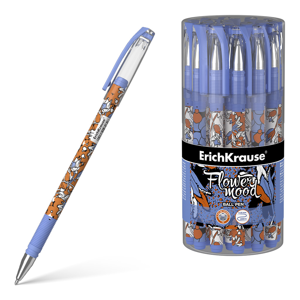 Ручка шариковая ErichKrause Tulips Stick 0.7, цвет чернил синий (в тубусе по 24 шт.)