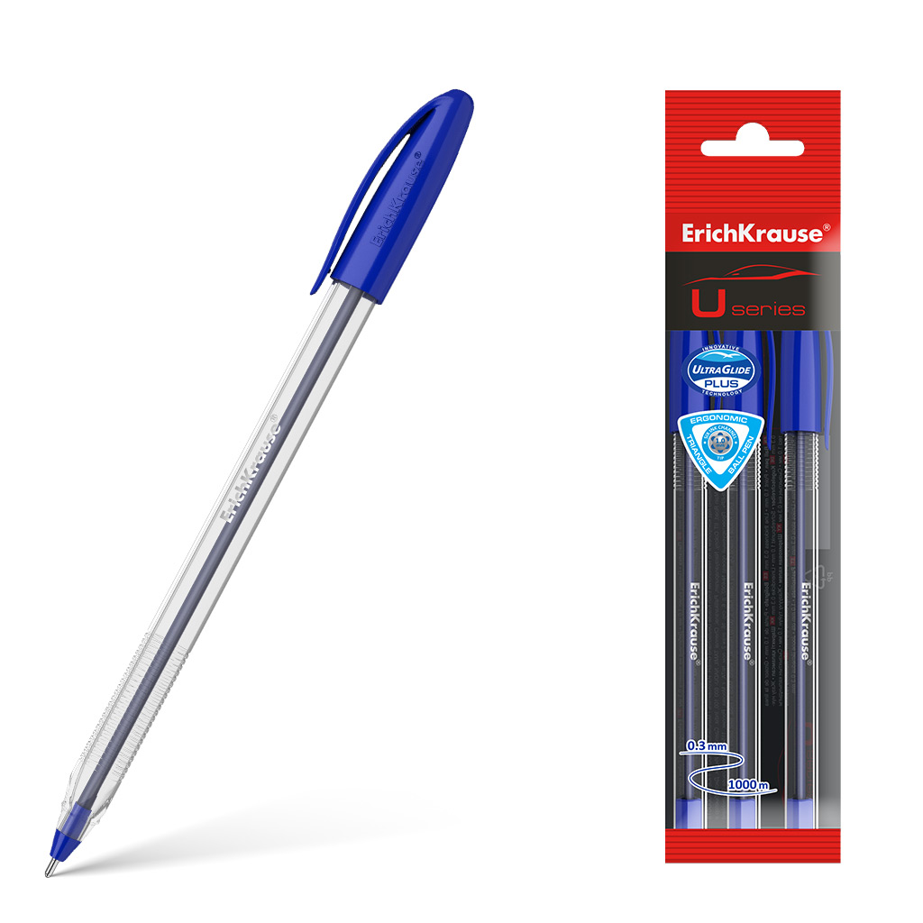 Набор из 3 ручек шариковых ErichKrause U-108 Stick Classic 1.0, Ultra Glide Technology, цвет чернил синий (в пакете)