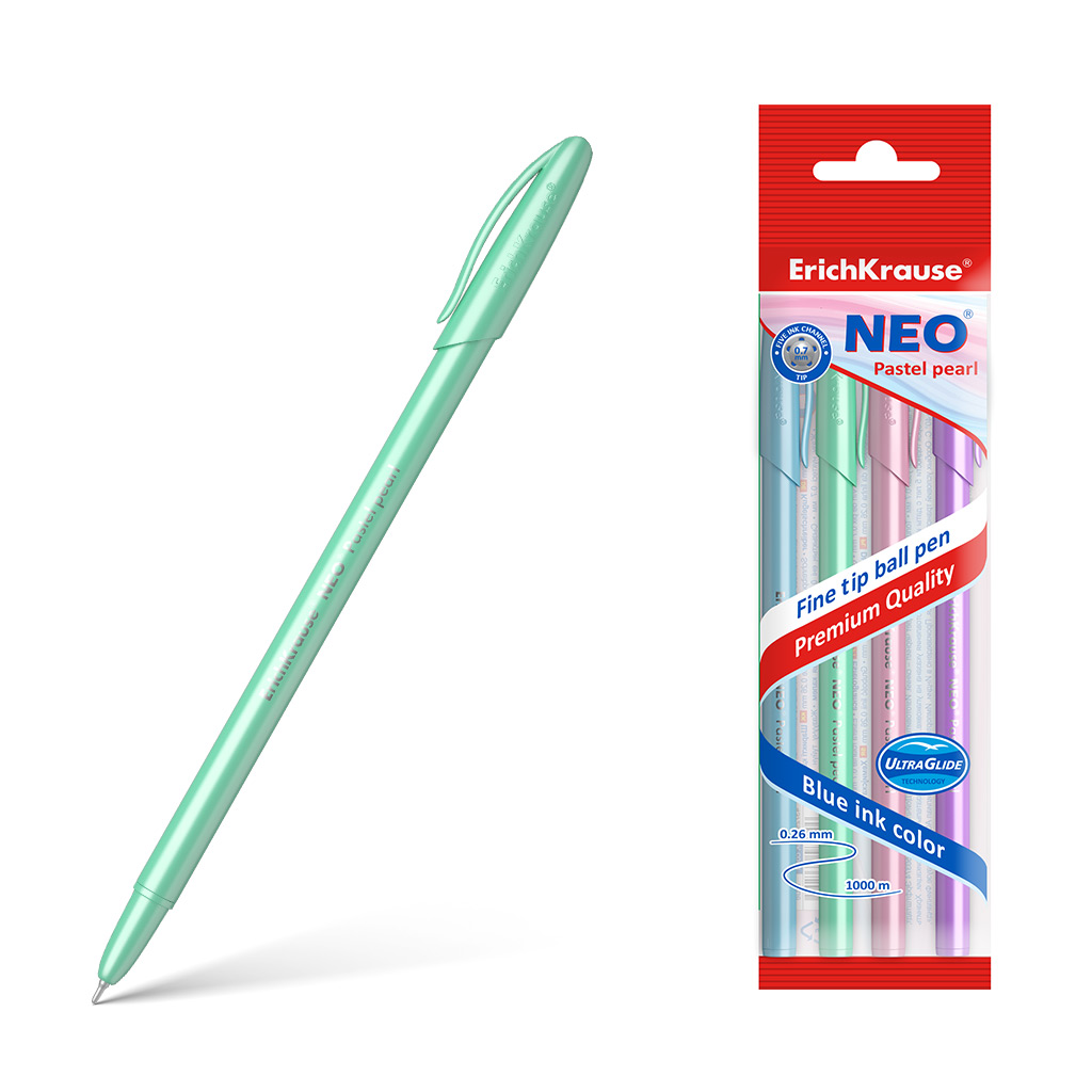 Набор из 4 ручек шариковых ErichKrause Neo® Stick Pastel 0.7, Super Glide Technology, цвет чернил синий (в пакете по 4 шт.)
