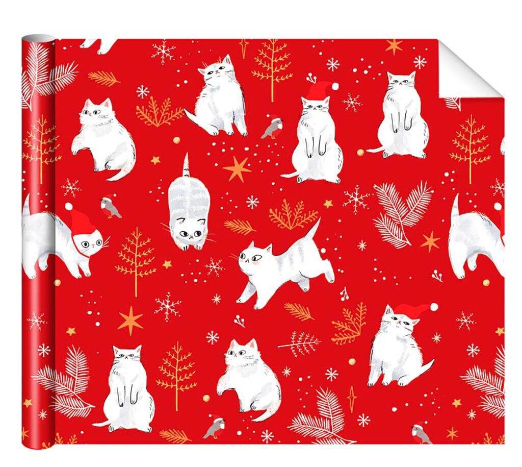 Бумага упаковочная 70*100см "Котики" красный фон