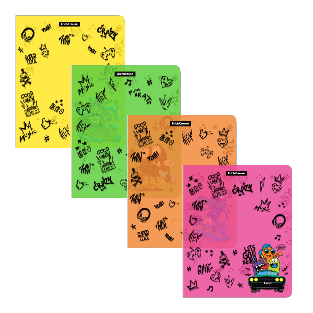 Набор пластиковых обложек ErichKrause® Funny Monsters для тетрадей и дневников, 212х347мм, 80 мкм, ассорти (пакет 12 шт.)
