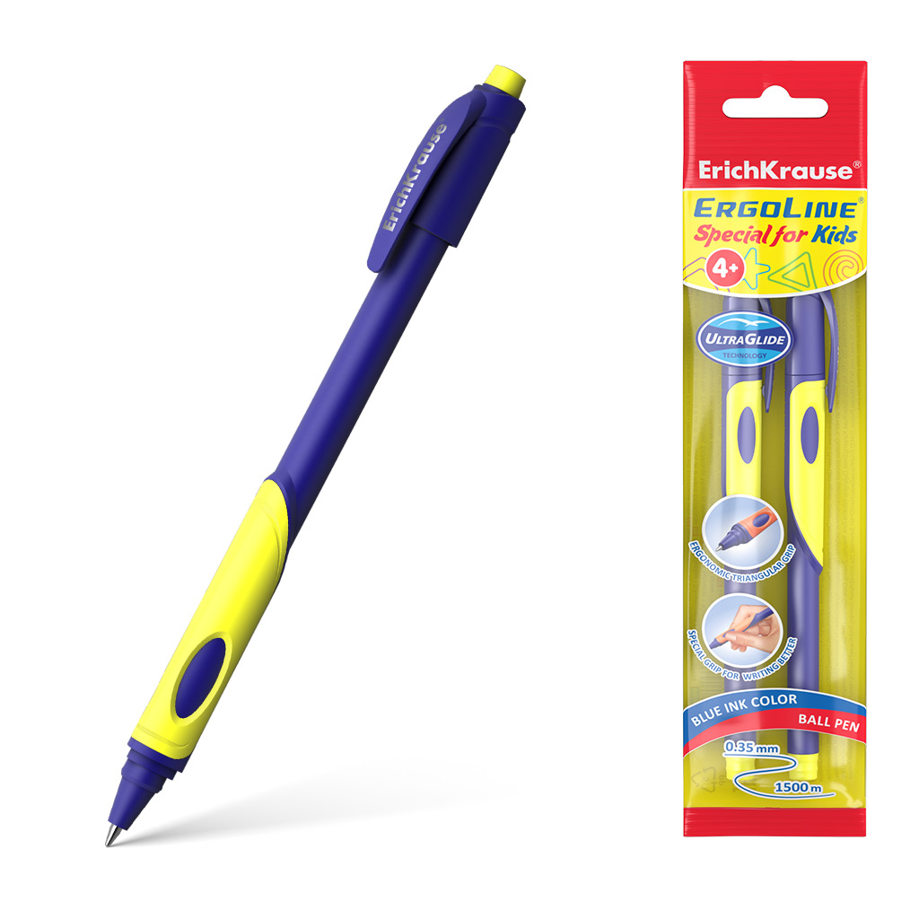 Набор из 2 ручек шариковых ErichKrause ErgoLine® Kids Stick&Grip Neon 0.7, Super Glide Technology, цвет чернил синий, желтый грип (в пакете)