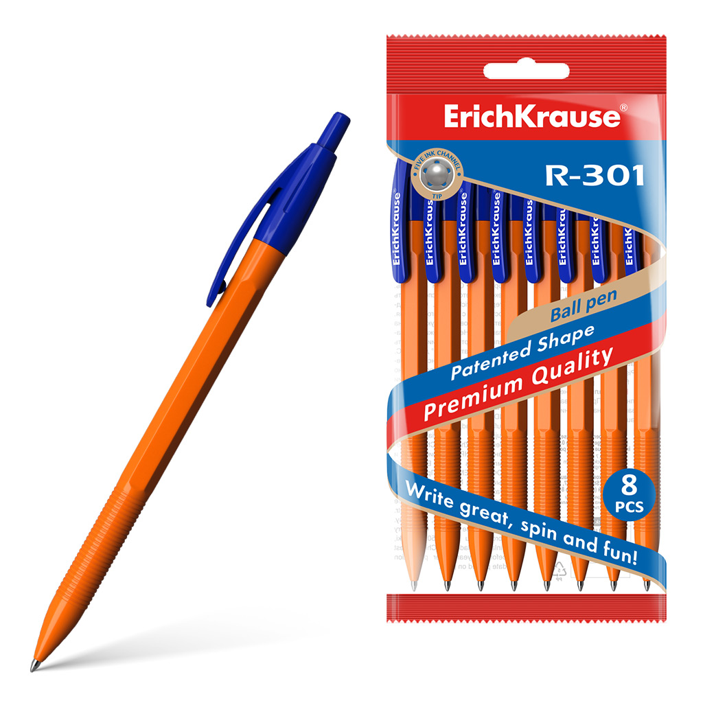 Набор из 8 ручек шариковых автоматических ErichKrause R-301 Matic Orange 0.7, цвет чернил синий (в пакете)