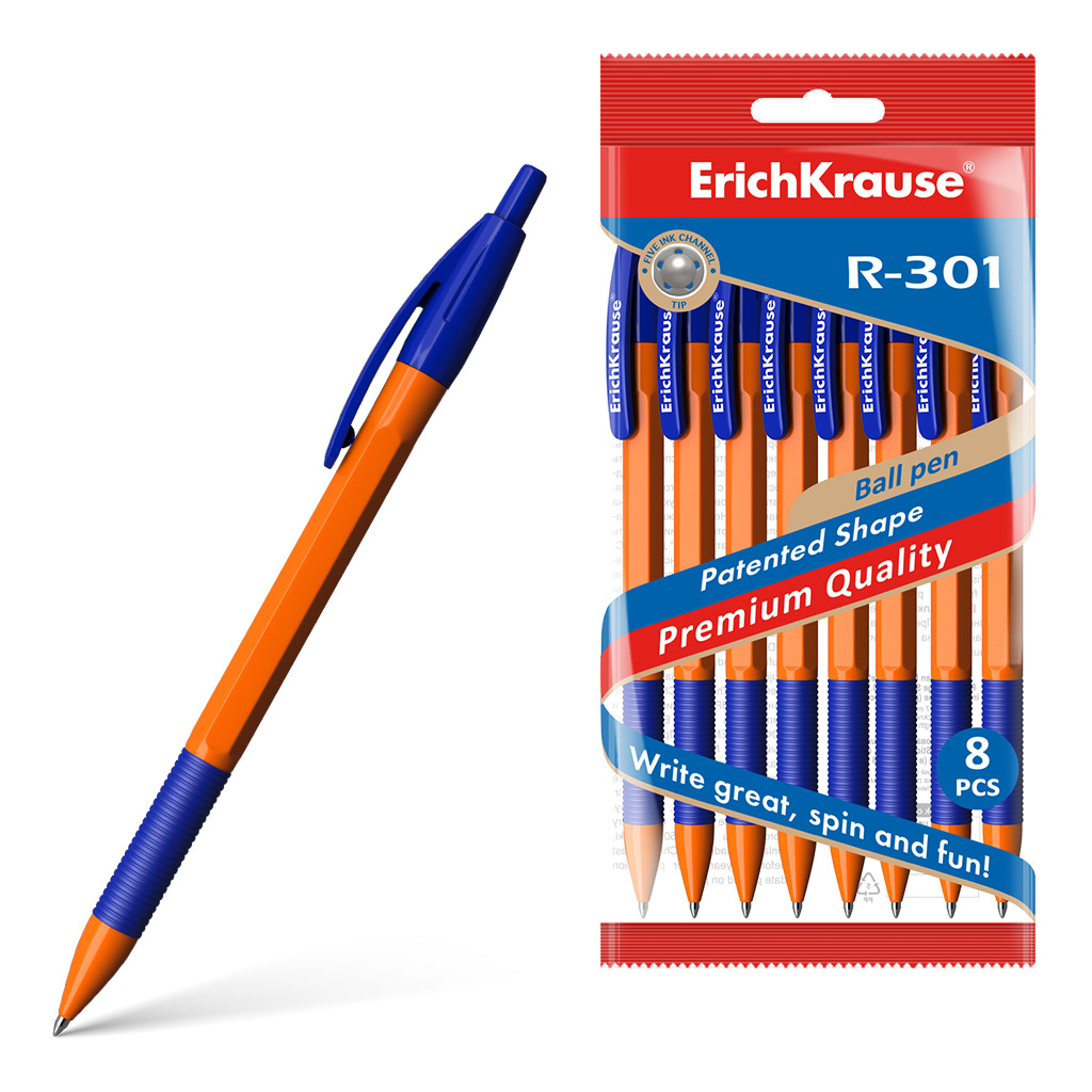 Набор из 8 ручек шариковых автоматических ErichKrause R-301 Matic&Grip Orange 0.7, цвет чернил синий (в пакете)