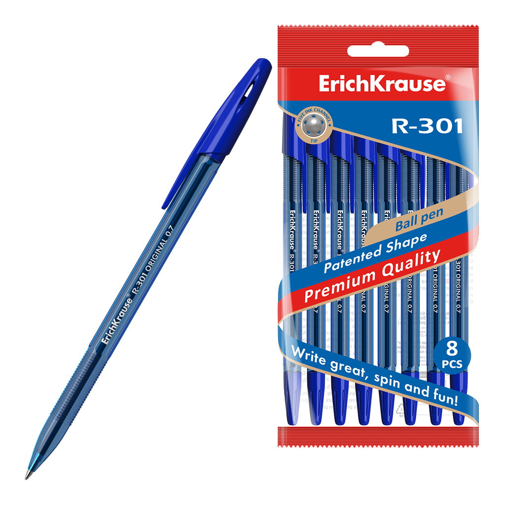 Набор из 8 ручек шариковых ErichKrause R-301 Stick Original  0.7, цвет чернил синий (в пакете)