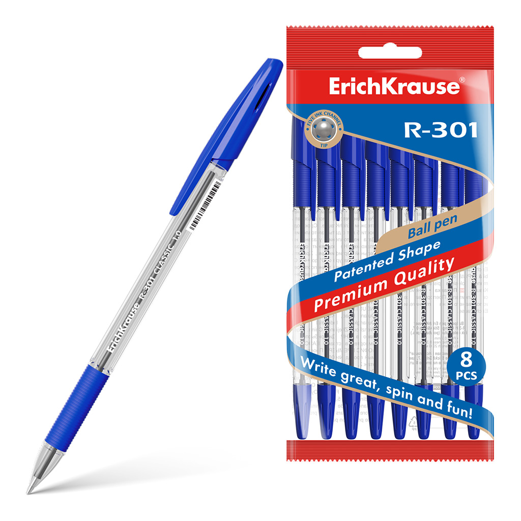 Набор из 8 ручек шариковых ErichKrause R-301 Stick&Grip Classic 1.0, цвет чернил синий (в пакете)