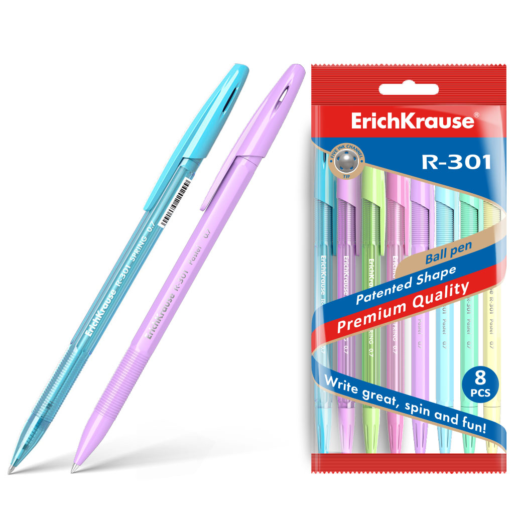 Набор из 8 ручек шариковых ErichKrause R-301 Stick Spring/ Pastel  0.7, цвет чернил синий (в пакете)