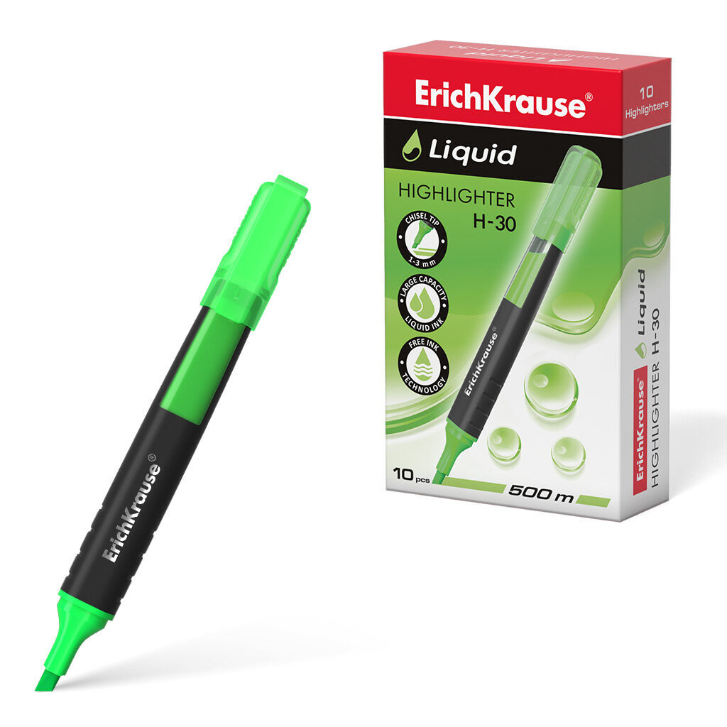 Текстмаркер с жидкими чернилами  ErichKrause® Liquid H-30, цвет чернил зеленый (в коробке по 10 шт.)