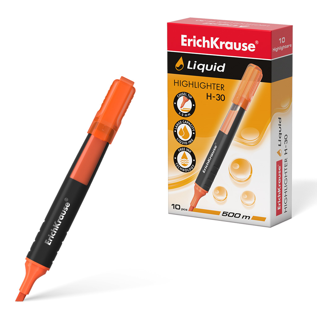 Текстмаркер с жидкими чернилами  ErichKrause® Liquid H-30, цвет чернил оранжевый (в коробке по 10 шт.)