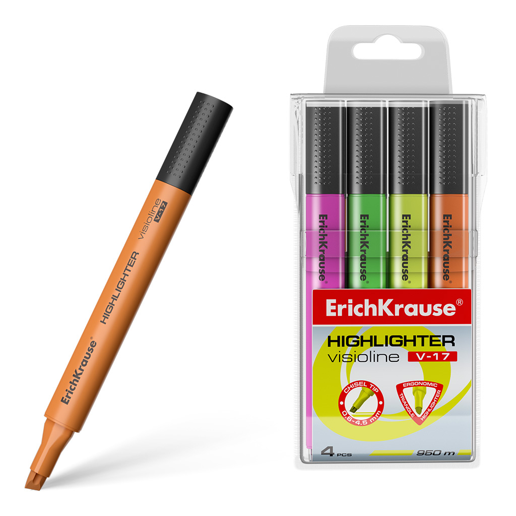 Набор из 4 текстмаркеров  ErichKrause Visioline V-17 Neon, цвет чернил: желтый, зеленый, розовый, оранжевый (в пвх-воллете)