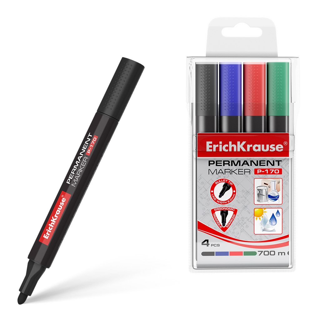 Набор из 4 перманентных маркеров ErichKrause P-170, цвет чернил: черный, синий, красный, зеленый (в пвх-воллете)