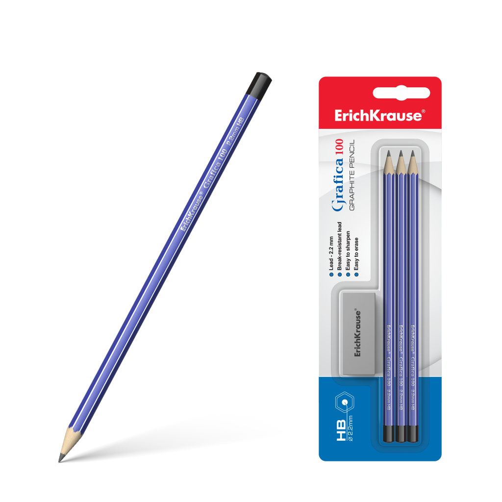 Чернографитный шестигранный карандаш ErichKrause® Grafica 100 HB (в блистере 3 шт. + ластик)