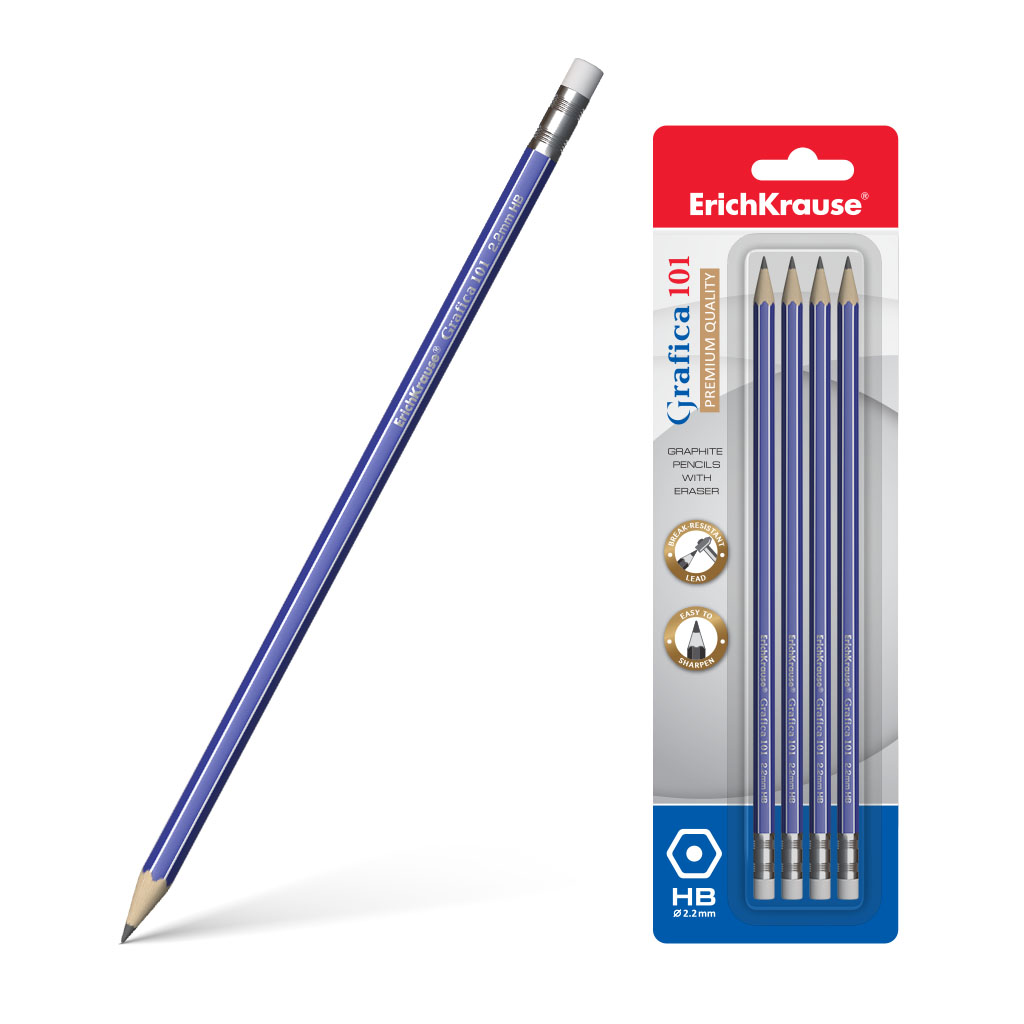 Чернографитный шестигранный карандаш с ластиком  ErichKrause® Grafica 101 HB (в блистере по 4 шт.)
