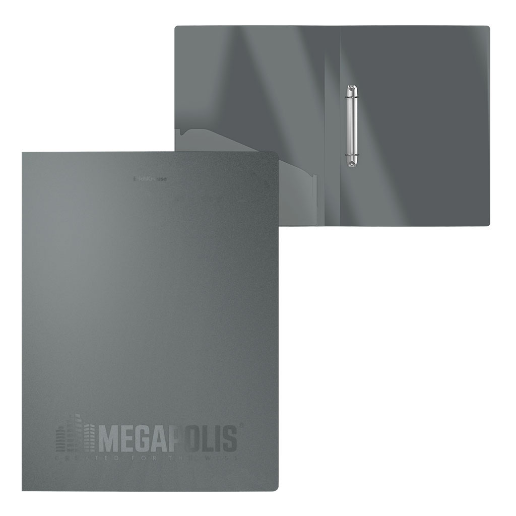 Папка на 2 кольцах пластиковая ErichKrause MEGAPOLIS, 24 мм, A4, серый (в пакете по 4 шт.)