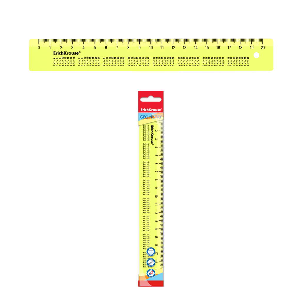 Линейка с таблицей умножения пластиковая ErichKrause Neon, 20см, желтая, во флоупаке