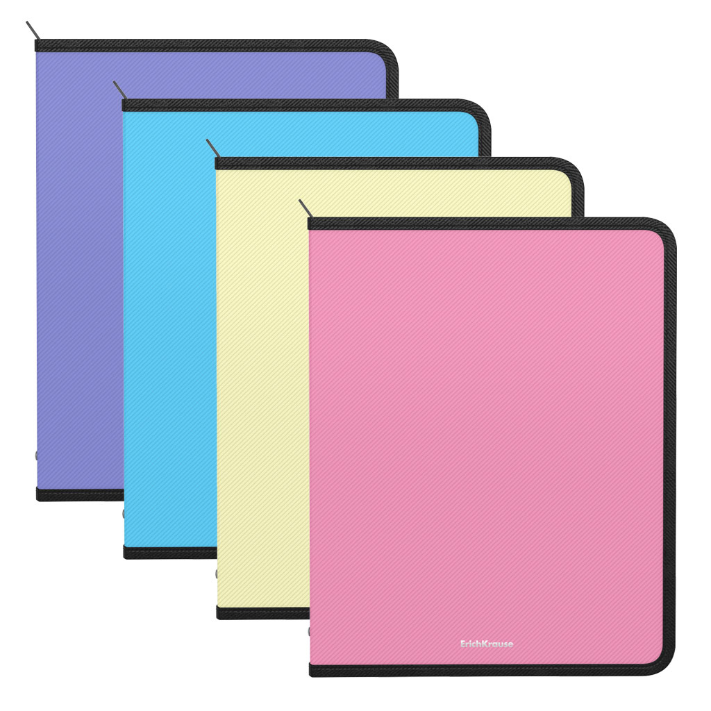 Папка для тетрадей на молнии пластиковая с дополнительным карманом из сетки ErichKrause® Diagonal Pastel, A4+, ассорти (в пакете по 4 шт.)