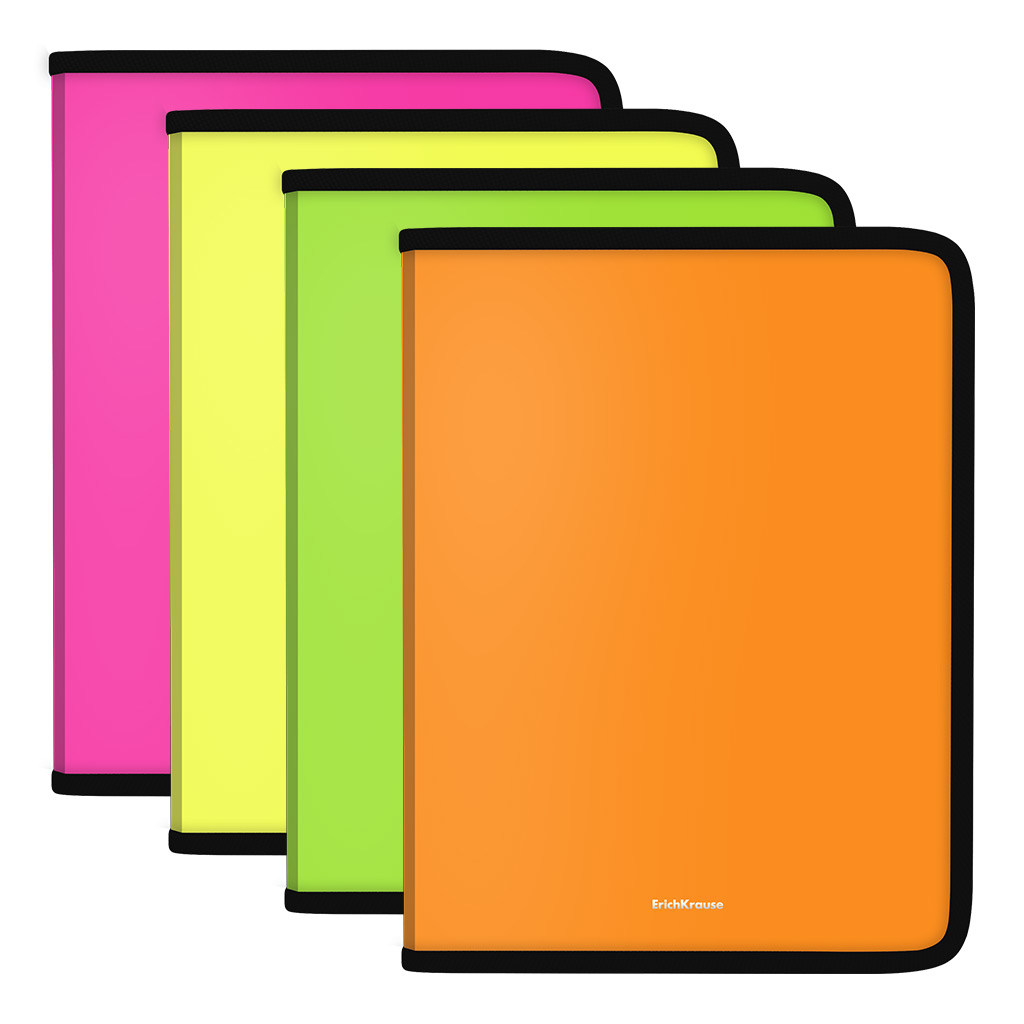 Папка для тетрадей на молнии пластиковая ErichKrause® Matt Neon, A4+, ассорти (в пакете по 4 шт.)