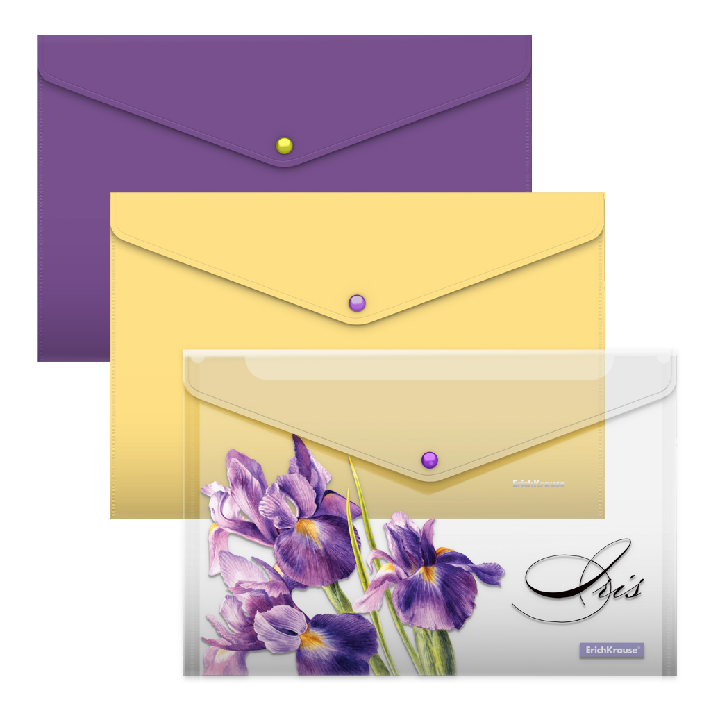 Набор из 3 папок-конвертов пластиковых ErichKrause® Soft Iris, A4, полупрозрачный, ассорти (4 набора в пакете)