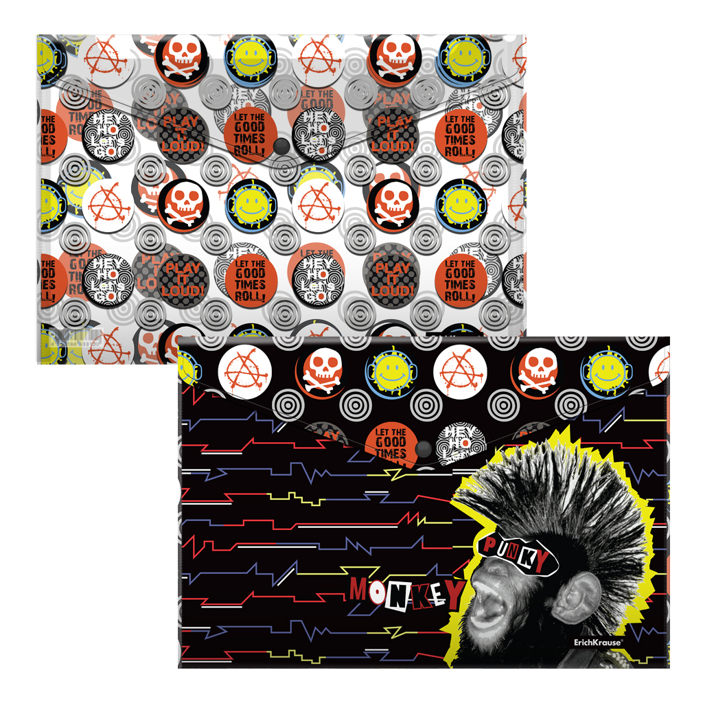 Набор из 4 папок-конвертов на кнопке пластиковых ErichKrause® Punky Monkey, A4, ассорти